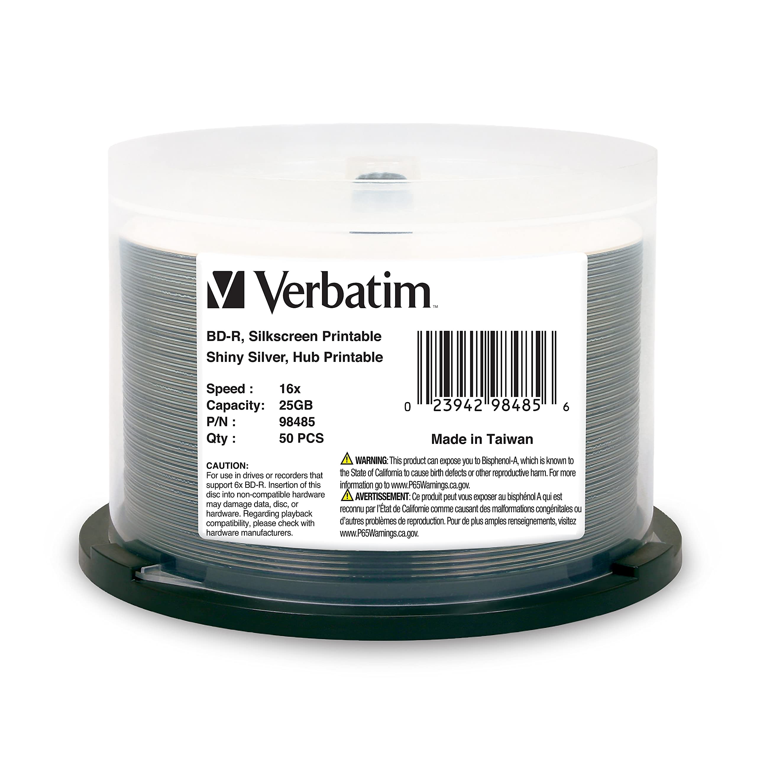 VERBATIM BD-R 25GB 16X SHINY SILVER SILK SCREEN PRINTABLE, HUB PRINTABLE-50PK SP