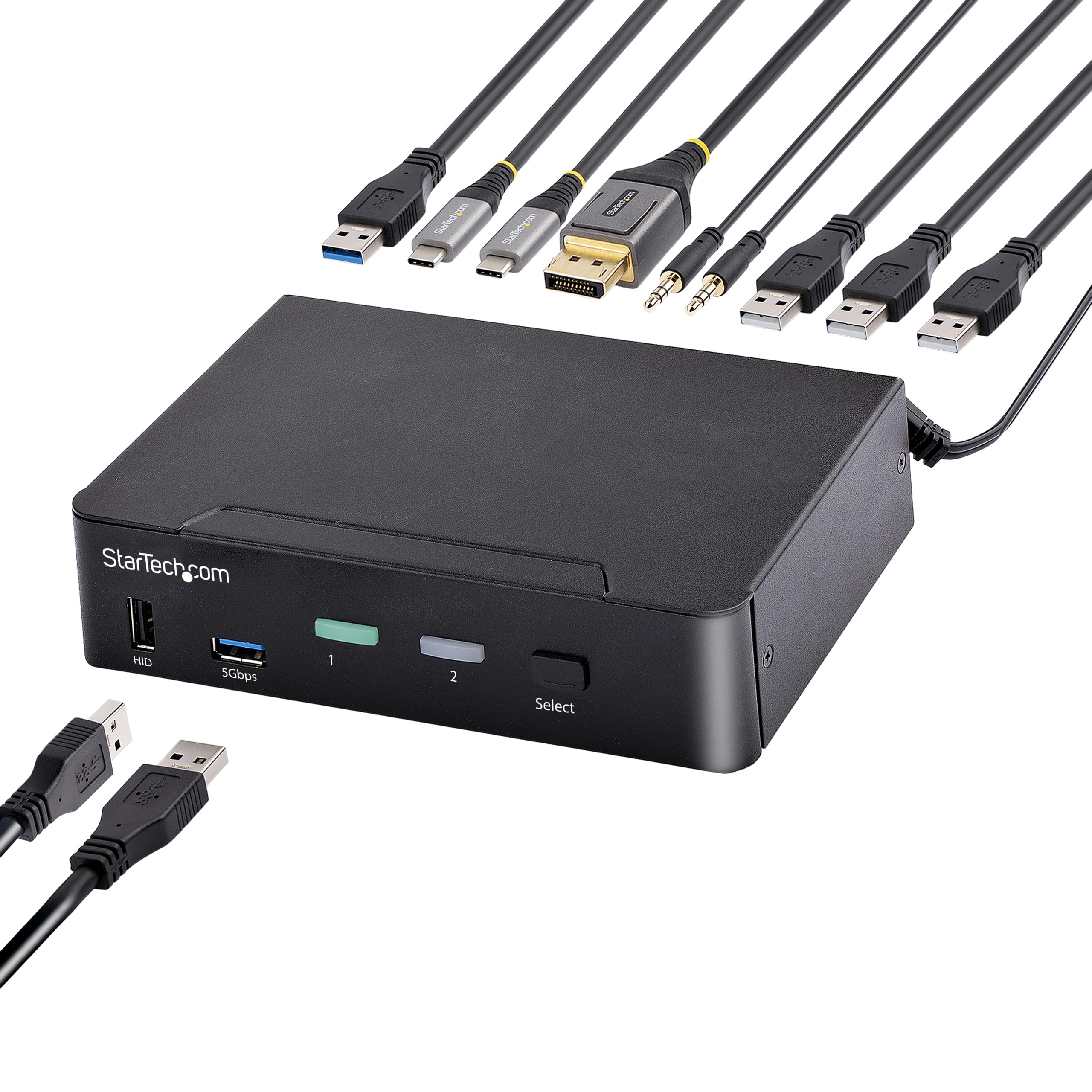 USB C KVM SWITCH, 2 PORT DISPLAYPORT KVM W/ 4K 60HZ UHD HDR VIDEO, 3.5MM AUDIO,