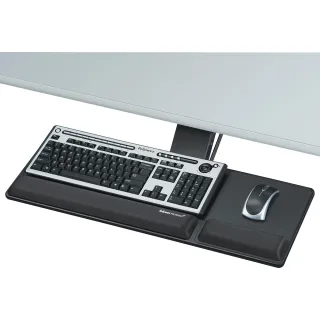 FULLY ADJUSTABLE TRAY ENHANCES COMFORT IN SMALLER WORKSPACES. LOOSEN SINGLE KNOB