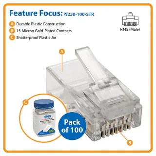100PK CAT6 STRANDED MODULAR     PLUGS ROUND RJ45 UTP CONDUCTOR