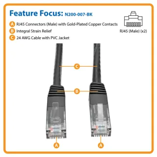 7FT Black CAT6 Ethernet Cable Gigabit Molded UTP PVC RJ45 550MHz